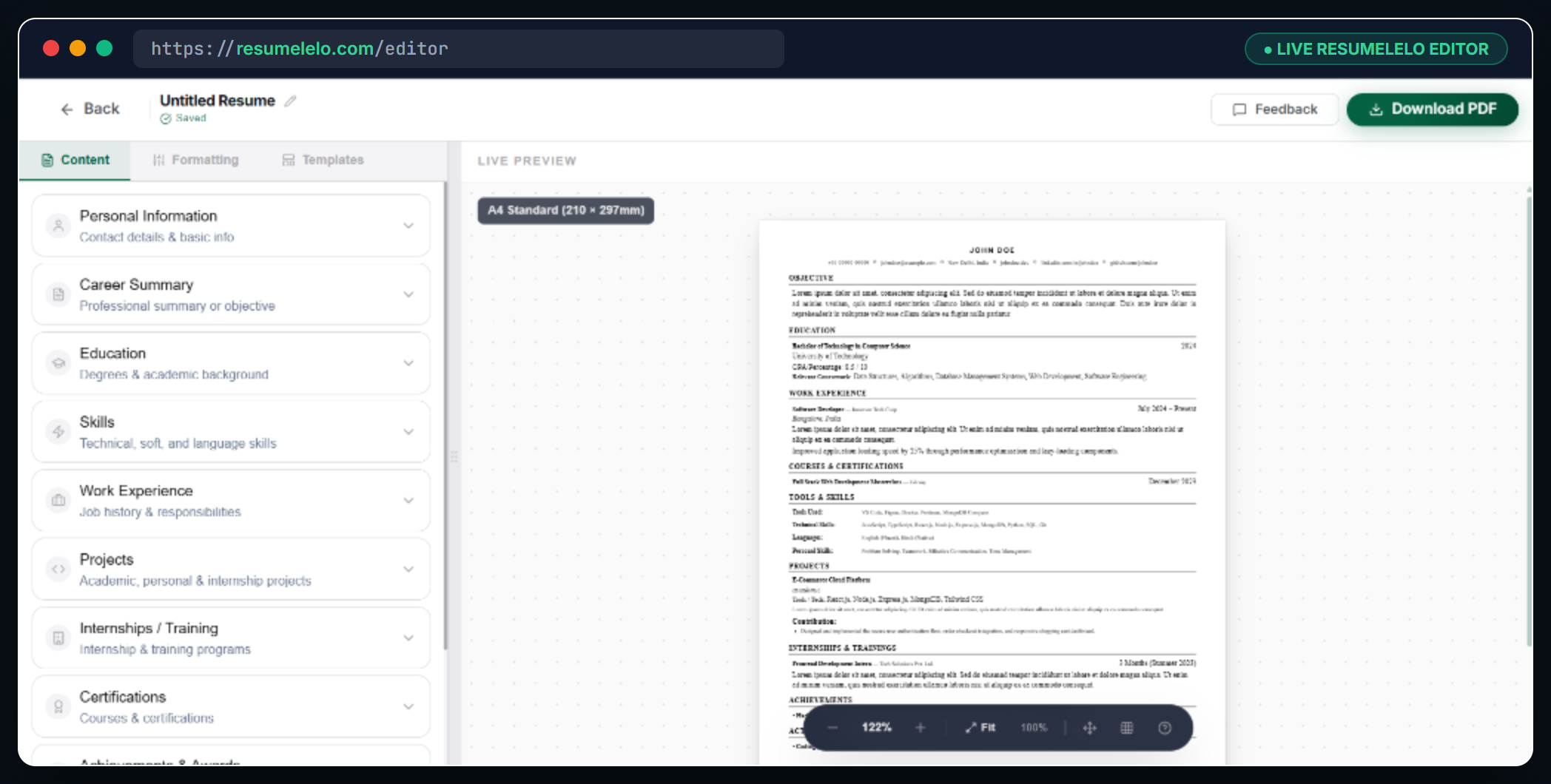ResumeLelo Real Live Editor Interface